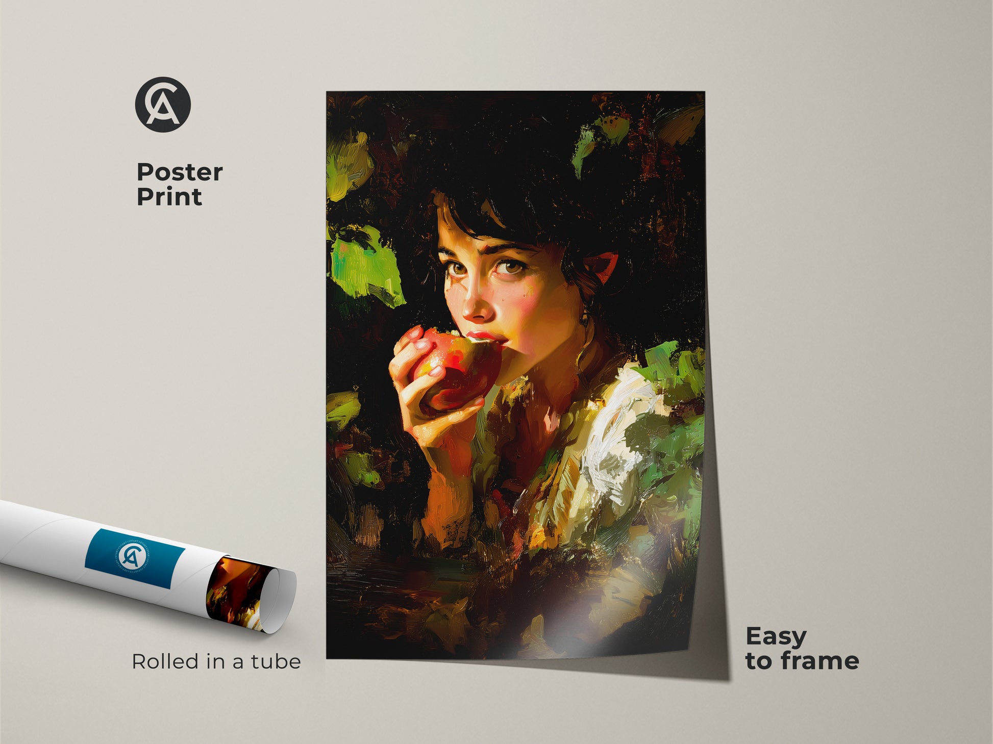 Poster print of an impressionist girl eating an apple. Rolled in a tube this Chiaroscuro portrait wall art is easy to frame. The earthy tones and deep red art make it eclectic home decor. Ideal as a housewarming gift or a classic still life painting.