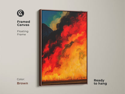 Antique gold floating frame showcases an abstract mountain fire art print. The fiery red golden yellow and black tones create a dramatic display. This artwork is ready to hang. Ideal as eclectic home decor or a firefighter gift it will add a touch of modern style to any room.