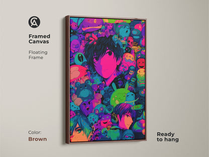 Framed anime canvas art in a brown floating frame. The artwork features a central character surrounded by colorful creatures. This piece brings a modern art feel to any room decor. Ready to hang and a great addition to any art collection.