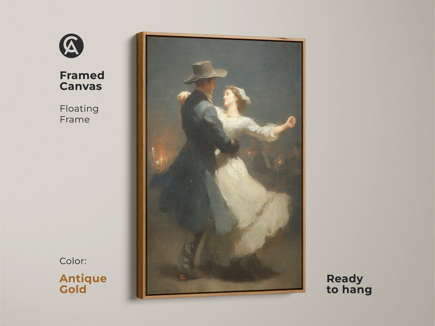 Admire the romantic couple dancing art in a framed canvas. The classical Victorian art has a floating antique gold frame. This dark blue wall art is ready to hang. An ideal anniversary gift for couples. This white romance art enhances romantic home decor.