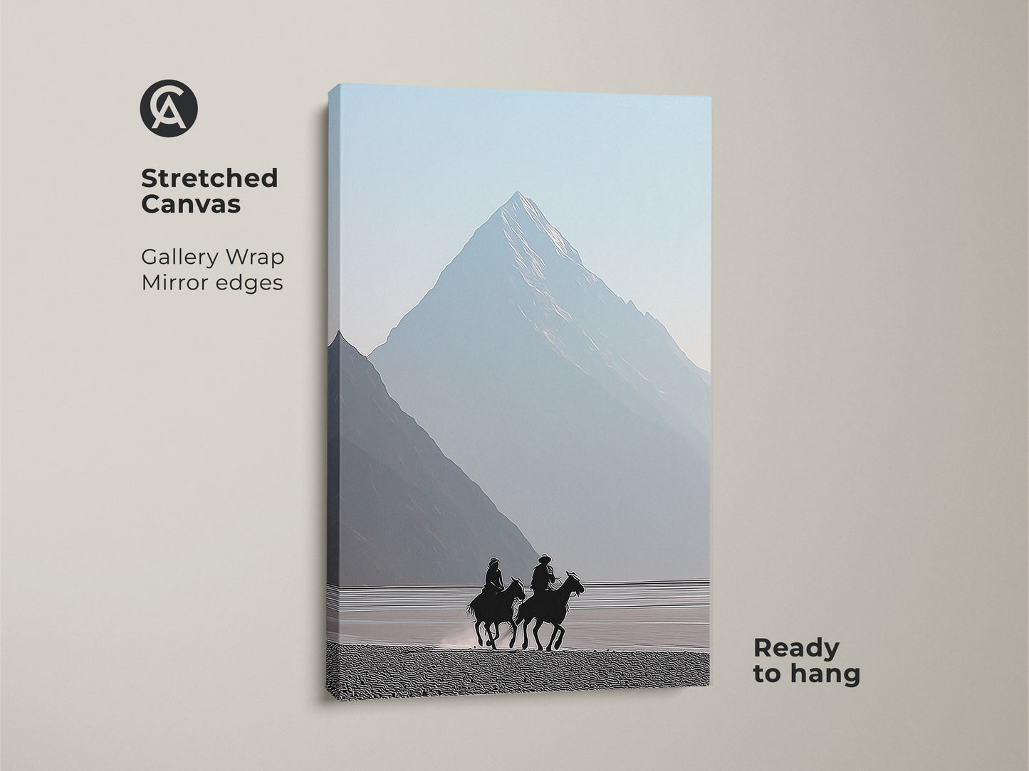 Stretched canvas art of a minimalist mountain landscape. Features cowboys on horseback in silhouette. Misty blue adds a calming touch. Ready to hang wall decor for bedroom or living room. Gallery wrap with mirrored edges enhances this western adventure print.