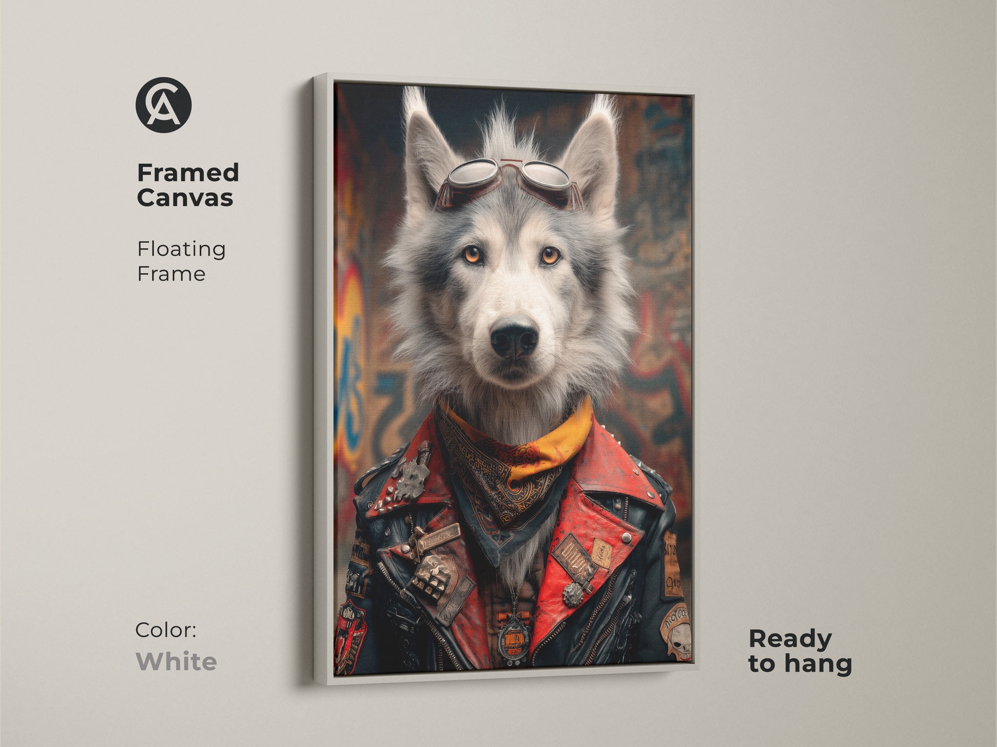 Create a modern look with this framed canvas. The white floating frame highlights the Biker Wolf artwork. This unique biker poster features a wolf in aviator goggles. This animal art for garage adds a cool edgy vibe. The red and grey palette makes it a striking gift