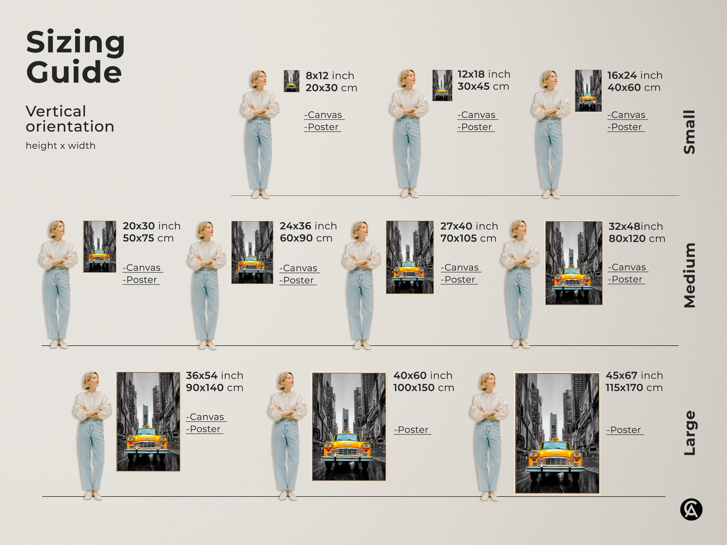 Sizing guide for NYC yellow taxi art. This vertical orientation canvas or poster is available in small medium and large. Choose the perfect size to fit your space. Transform your walls with this iconic photographic cityscape.