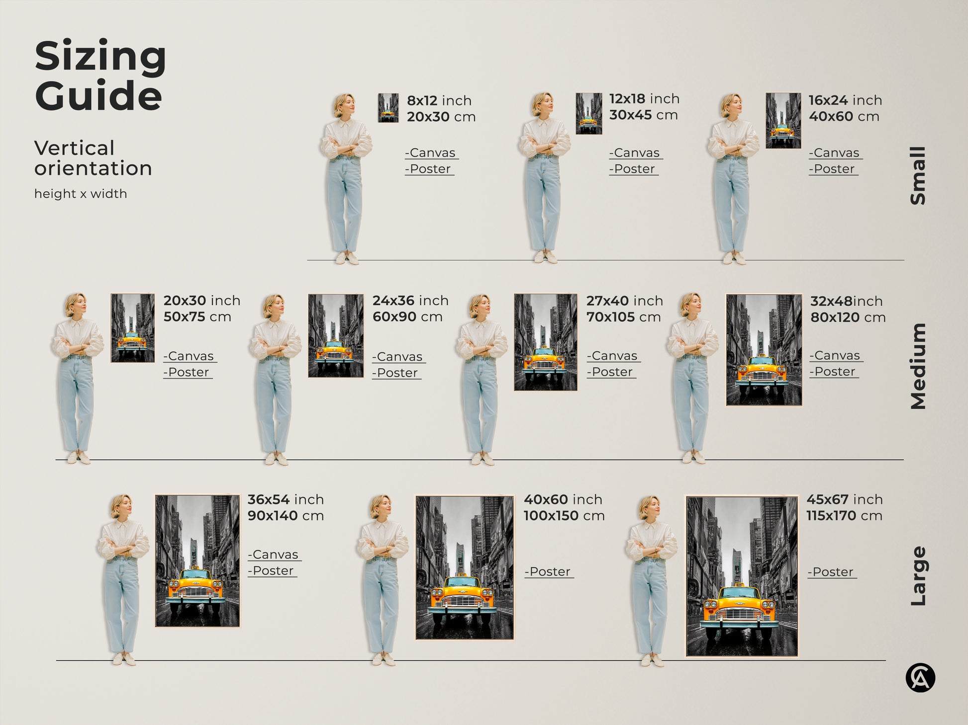 Sizing guide for NYC yellow taxi art. This vertical orientation canvas or poster is available in small medium and large. Choose the perfect size to fit your space. Transform your walls with this iconic photographic cityscape.