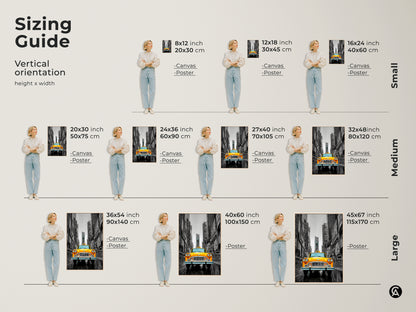 Sizing guide for NYC yellow taxi art. This vertical orientation canvas or poster is available in small medium and large. Choose the perfect size to fit your space. Transform your walls with this iconic photographic cityscape.