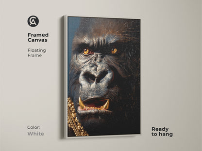 Framed canvas featuring a regal gorilla in a white floating frame. The artwork adds a clean look to your decor. The white frame highlights the gorilla's striking features. This canvas is ready to hang. Bring modern art to your walls.