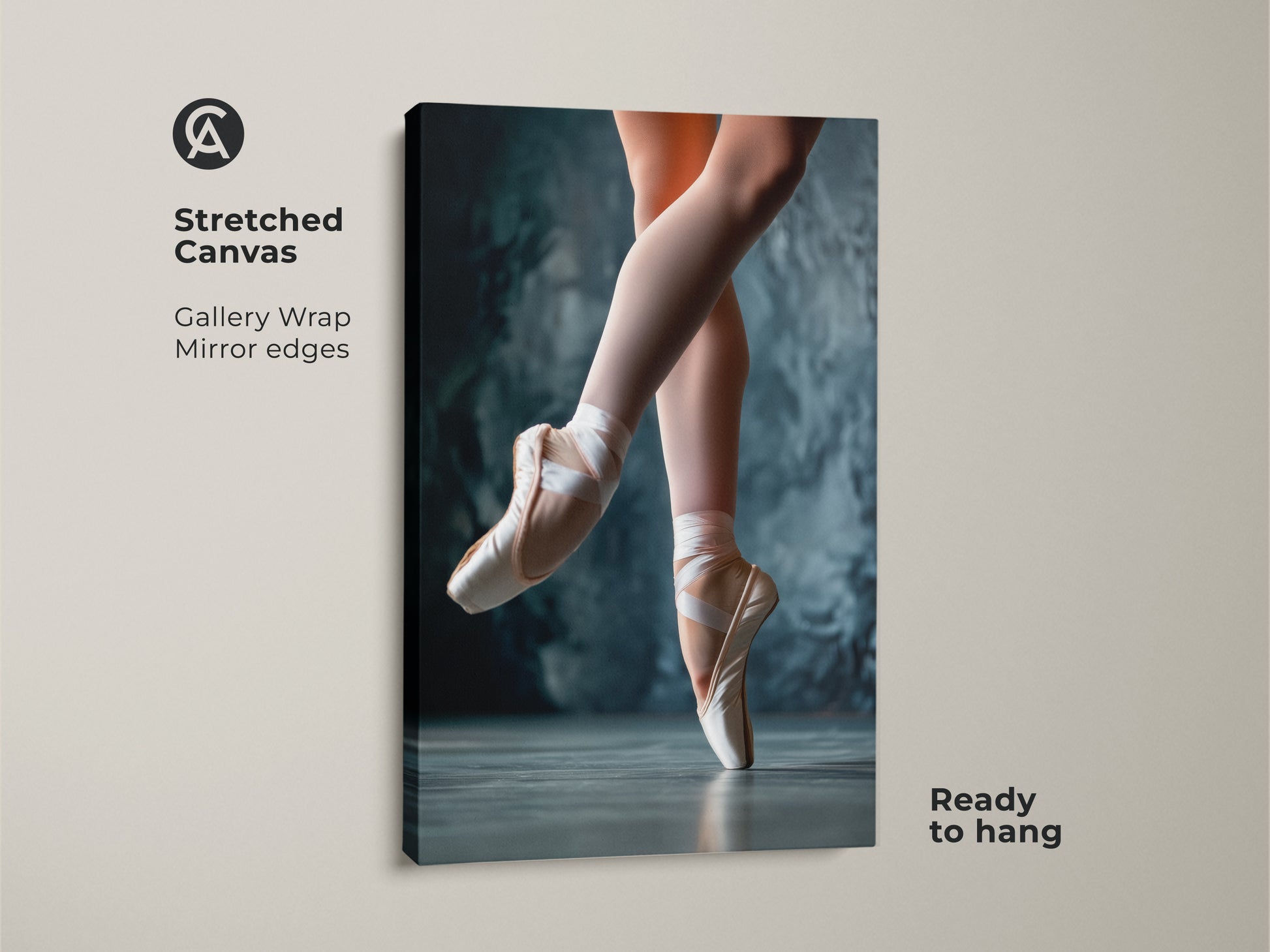 Stretched canvas gallery wrap of a ballerina. The ballet art features the dancer's feet in pointe shoes. The mirror edges add depth. This ballet artwork is ready to hang. A perfect addition to any dance studio or home. A beautiful ballet print.