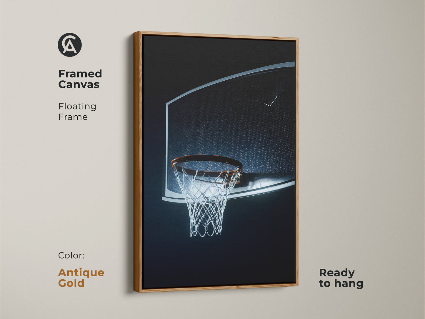 Framed canvas featuring a basketball hoop. The floating frame is antique gold. Ready to hang. A minimalist sports print with a black blue net. Ideal wall decor for a man cave or gym. A perfect gift for basketball lovers.