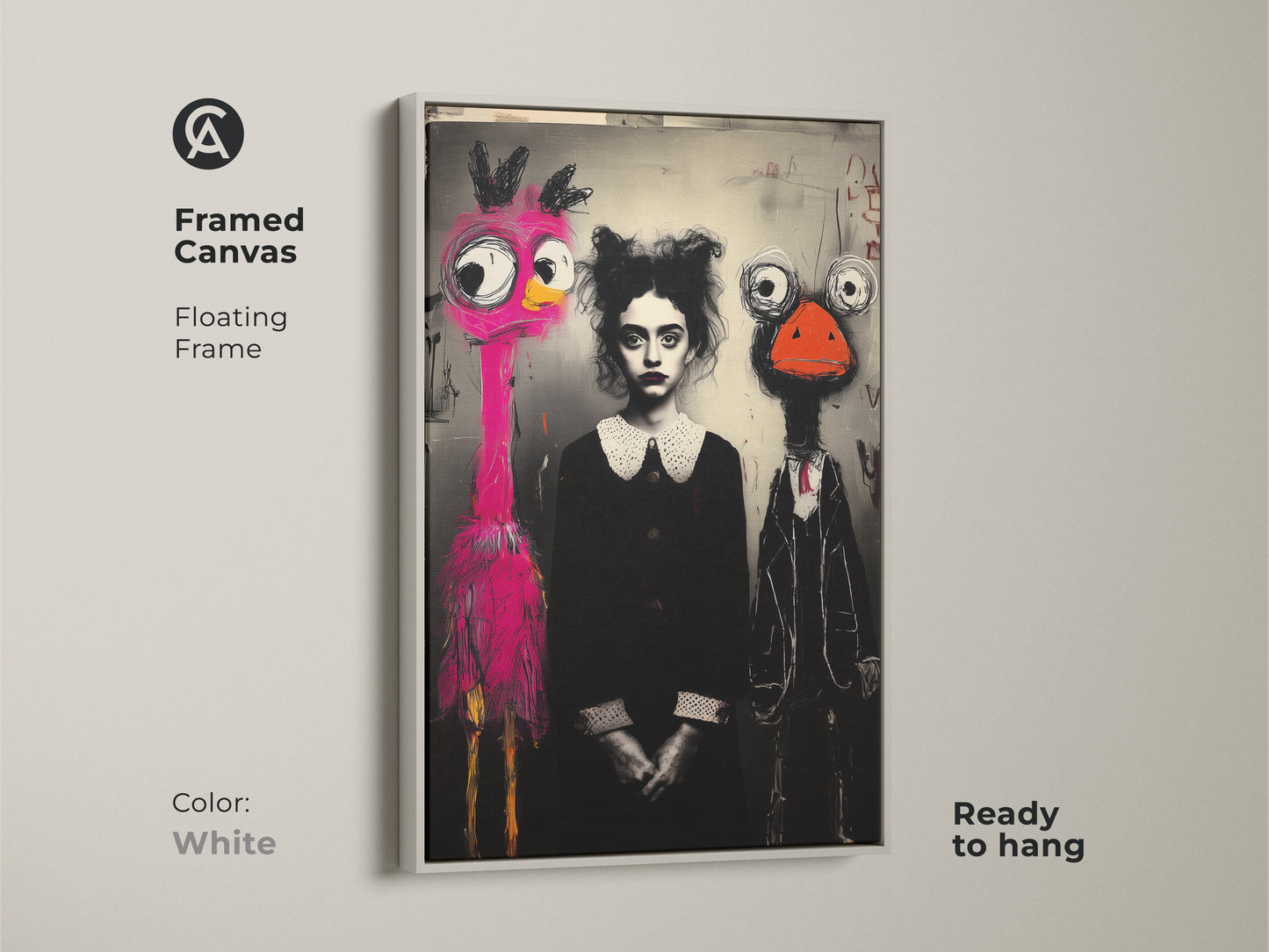 Framed canvas print of surreal wall art. The white floating frame features a pink flamingo and ostrich character. It is ready to hang. This is perfect for eclectic or modern decor. This whimsical artwork is a great gift for art lovers. The black white and pink colors add a unique touch.