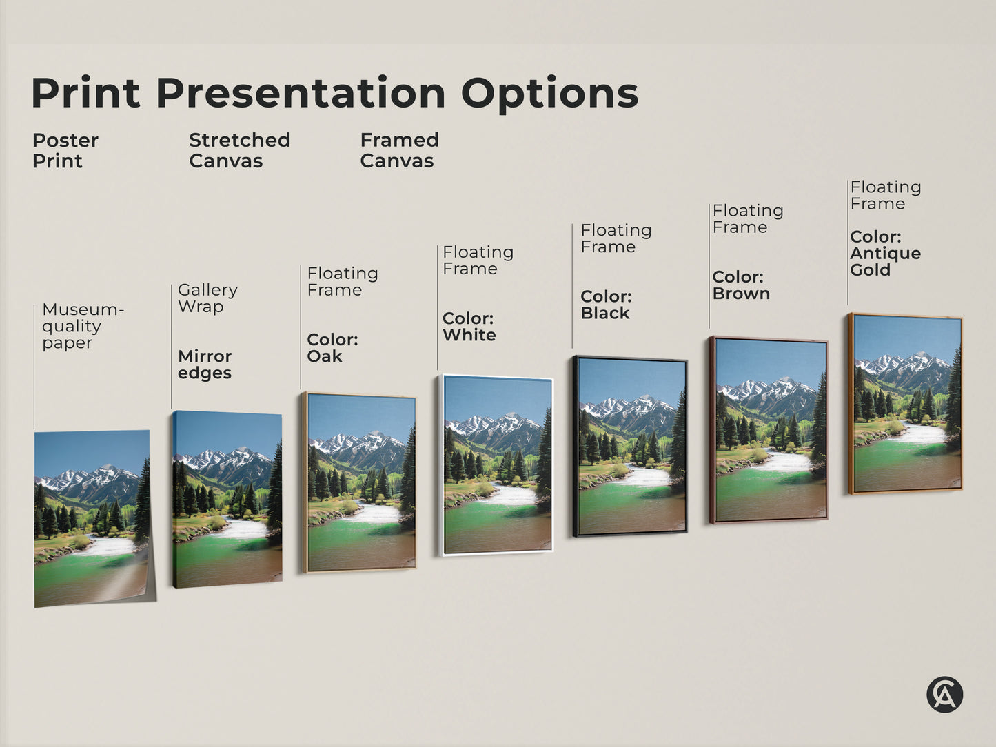 Print presentation options for mountain river art. Choose from poster prints stretched canvas or framed canvas. Different frame colors are available. Find the perfect scenic nature artwork for your home decor.