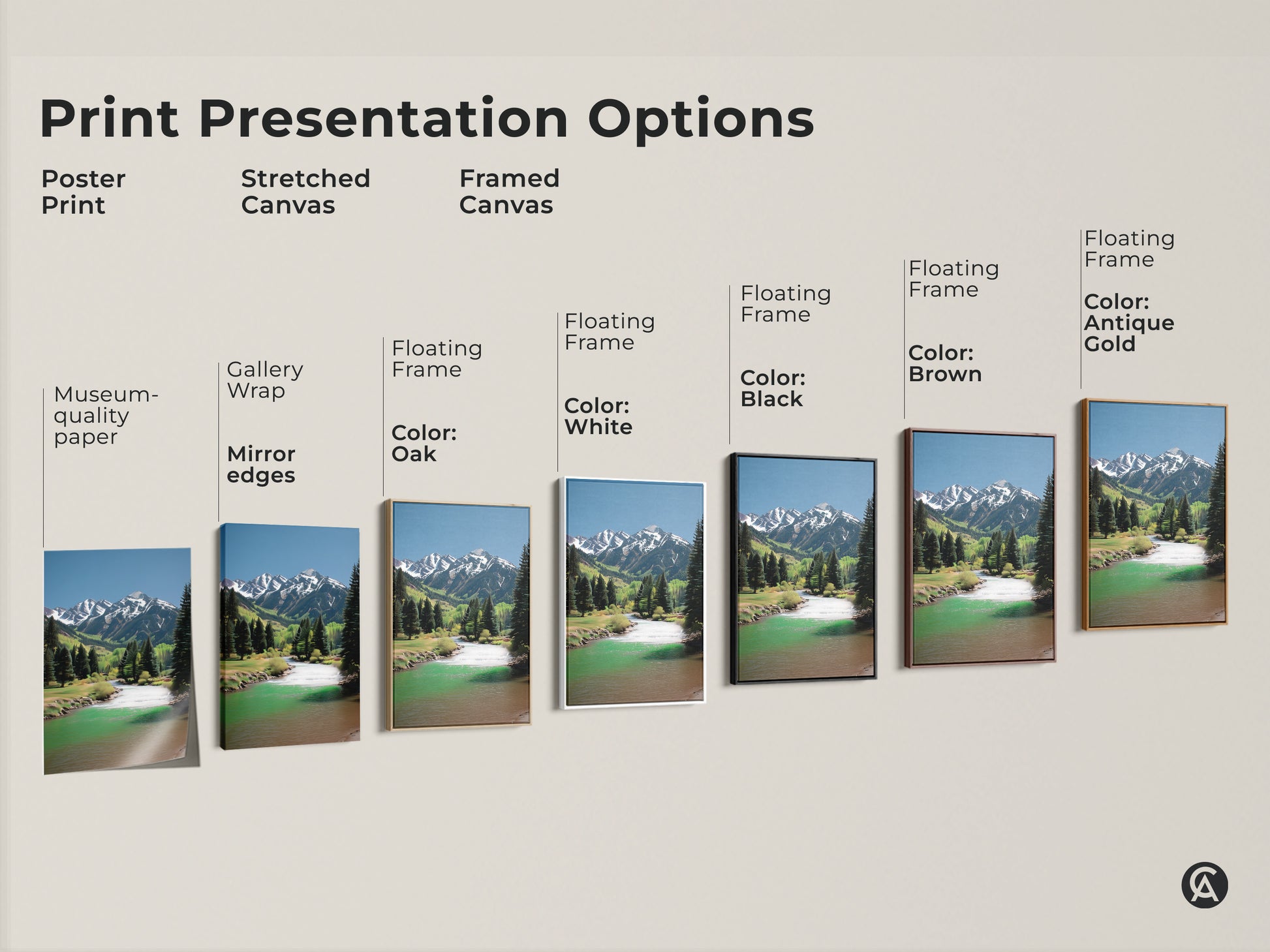 Print presentation options for mountain river art. Choose from poster prints stretched canvas or framed canvas. Different frame colors are available. Find the perfect scenic nature artwork for your home decor.