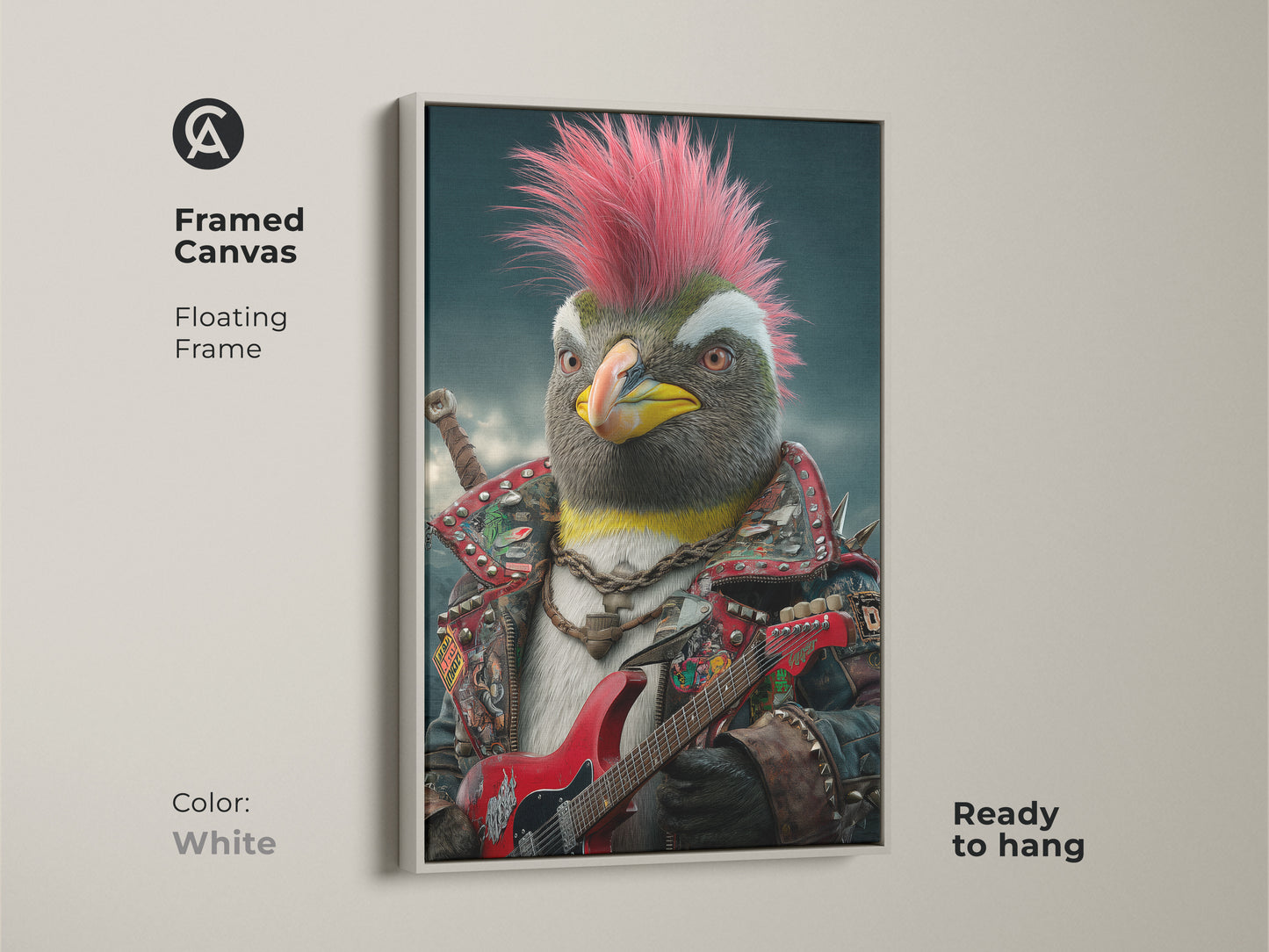 A framed canvas of a punk rock penguin with a white floating frame. It is ready to hang. The artwork features a penguin with a hot pink mohawk. The penguin is dressed in a studded jacket and playing a red electric guitar. It can be a unique gift for musicians.