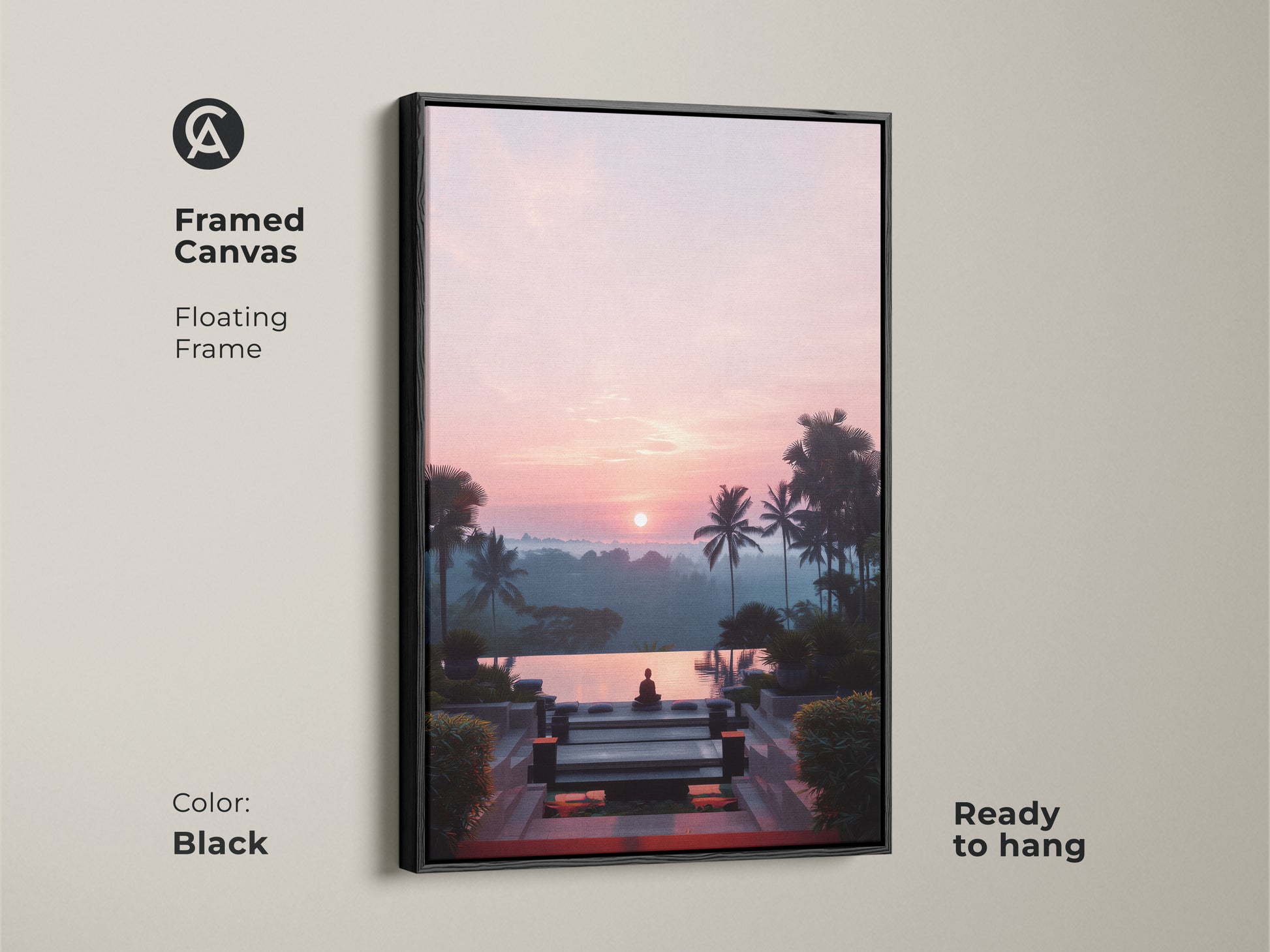 Framed canvas of a Zen Buddha statue by an infinity pool. This tropical artwork features a black floating frame and is ready to hang. The pink and orange sunset landscape creates a serene atmosphere. Perfect for meditation and yoga decor. A tranquil piece of art.