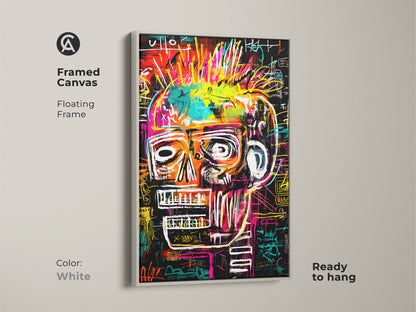 Framed canvas art featuring a Basquiat-inspired skull. The art has a clean white floating frame. This modern piece offers a fresh contemporary look. The artwork is ready to hang. It brightens any space with its bold imagery.