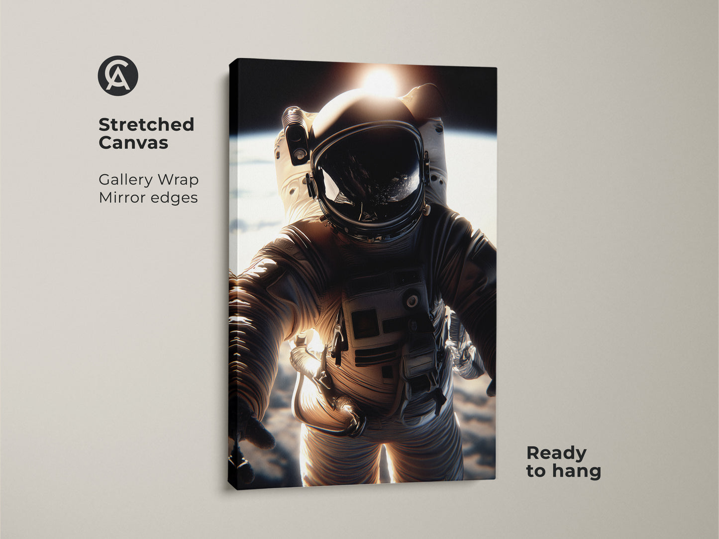 Stretched canvas print of an astronaut floating in space. The gallery wrap has mirrored edges. This ready-to-hang artwork features a photorealistic astronaut with a golden Earth view. Perfect sci-fi fan gift.