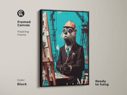 Black framed canvas shows a surreal otter artist. This quirky home decor piece features industrial cranes. This teal and brown art is ready to hang. Ideal office art for a boss or creative professional.