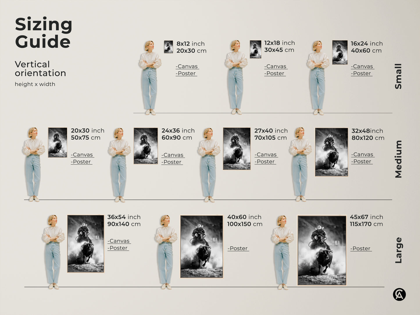 Sizing guide for vertical black and white rodeo artwork. See canvas and poster print dimensions for 8x12 to 45x67 inches. Visualize the ideal fit for your space with our cowboy art. Perfect for adding rustic charm to any room.