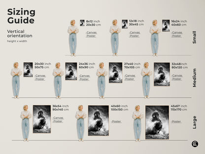 Sizing guide for vertical black and white rodeo artwork. See canvas and poster print dimensions for 8x12 to 45x67 inches. Visualize the ideal fit for your space with our cowboy art. Perfect for adding rustic charm to any room.