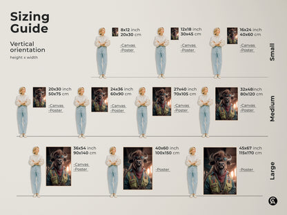 Sizing guide featuring the Eclectic Bison Wall Art in vertical orientations. Available in small medium and large sizes as canvas or poster prints. Visualize the perfect fit for your space with this unique buffalo artwork print guide.