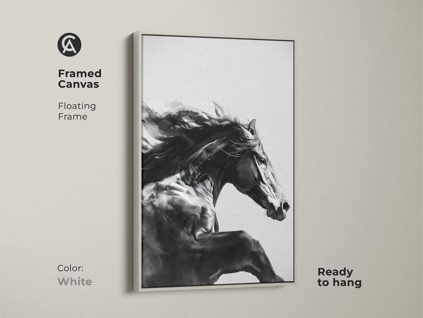 White framed canvas featuring black and white galloping horse art. Ready to hang this floating frame complements modern equine wall art decor. The powerful horse canvas enhances contemporary bedroom art. Perfect as a unique equestrian gift. A sophisticated choice for animal lovers.