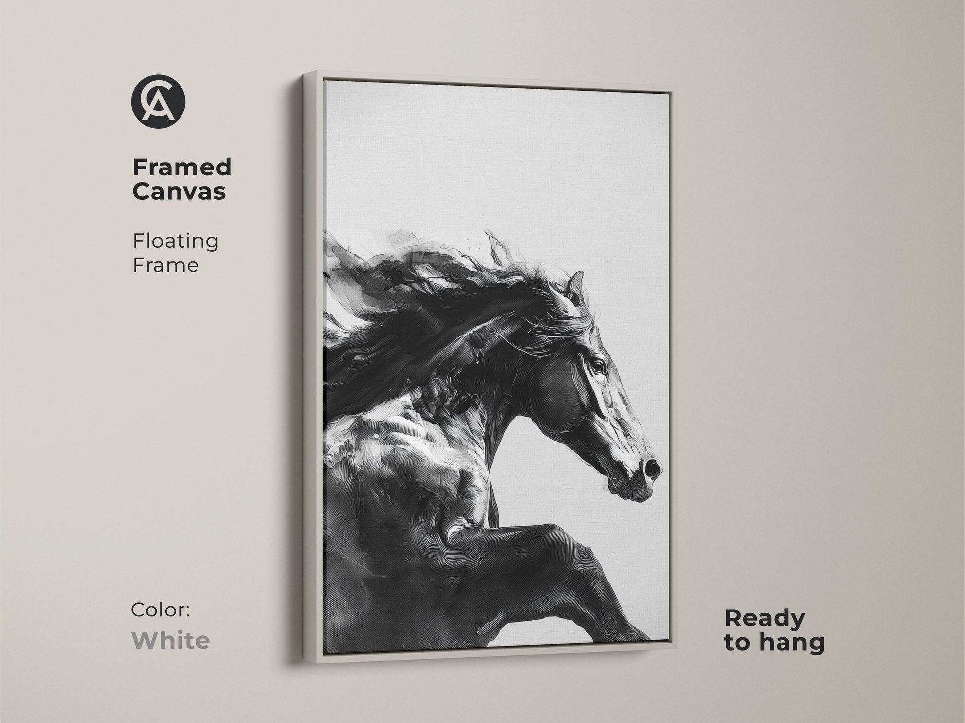 White framed canvas featuring black and white galloping horse art. Ready to hang this floating frame complements modern equine wall art decor. The powerful horse canvas enhances contemporary bedroom art. Perfect as a unique equestrian gift. A sophisticated choice for animal lovers.