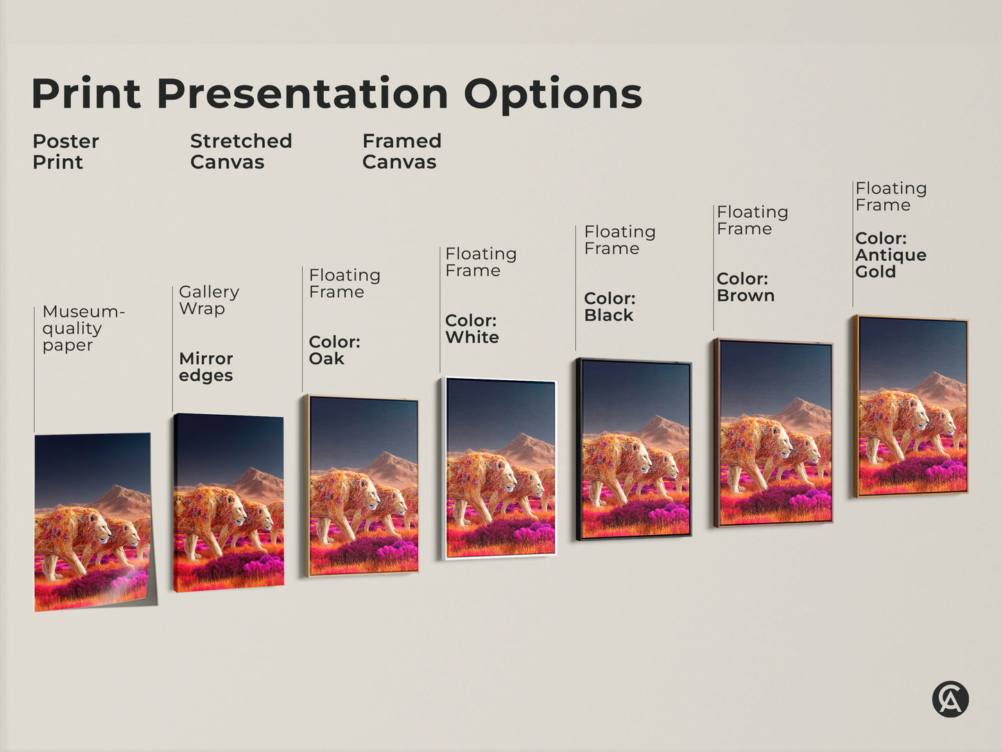 Explore various print presentation options for geometric lion artwork. Choose from poster prints stretched canvas and framed canvas. Options include gallery wrap museum quality paper and floating frames in black brown antique gold oak and white. Find the perfect style for your safari wildlife art.