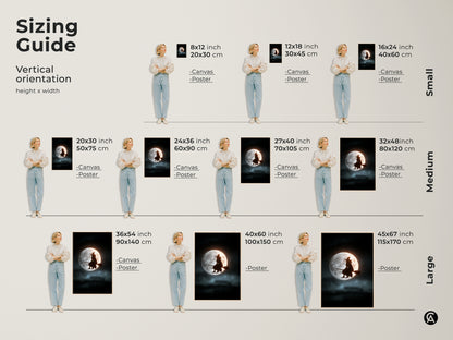 Sizing guide for witch silhouette art prints. Vertical orientation examples show canvas and poster options. Sizes range from small to large. Perfect for selecting the ideal fit for your space. A witch flying on a broom in front of the moon is the focal point.