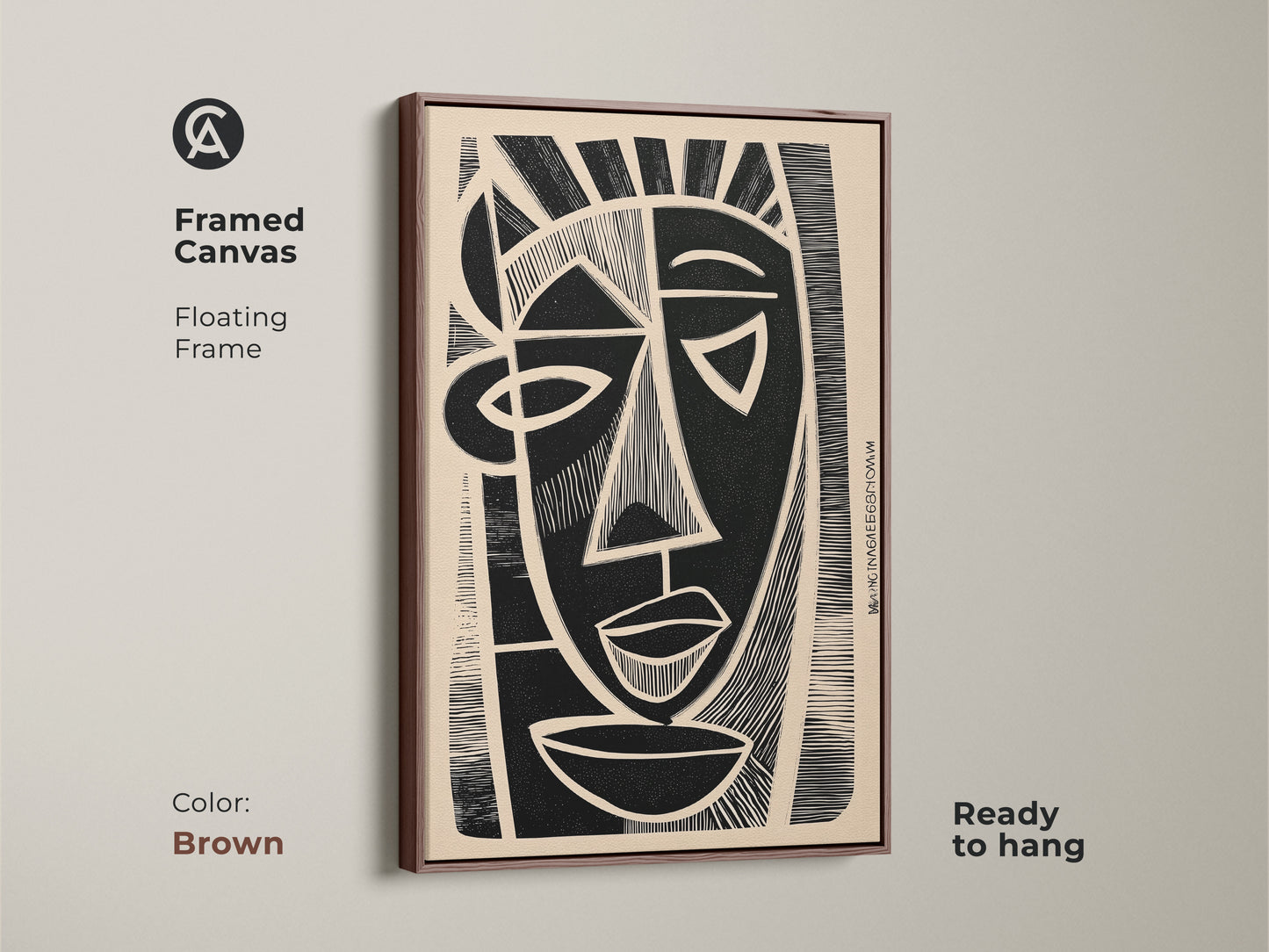 A framed canvas features beige and black artwork. The brown floating frame complements the abstract face motif. This cubist portrait canvas art is ready to hang. It's an ideal housewarming gift for art enthusiasts.