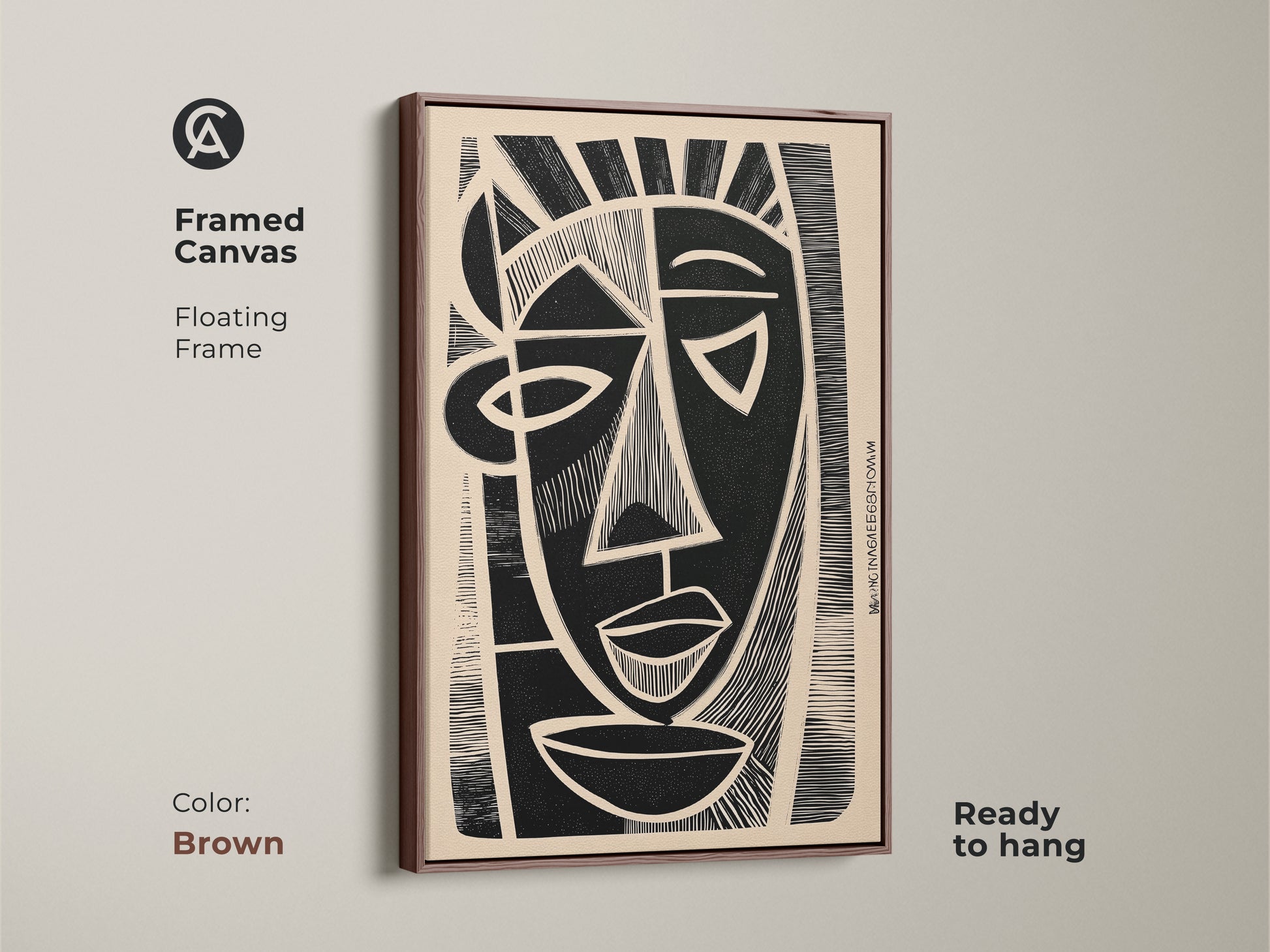 A framed canvas features beige and black artwork. The brown floating frame complements the abstract face motif. This cubist portrait canvas art is ready to hang. It's an ideal housewarming gift for art enthusiasts.