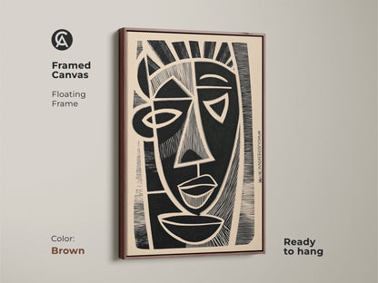 A framed canvas features beige and black artwork. The brown floating frame complements the abstract face motif. This cubist portrait canvas art is ready to hang. It's an ideal housewarming gift for art enthusiasts.