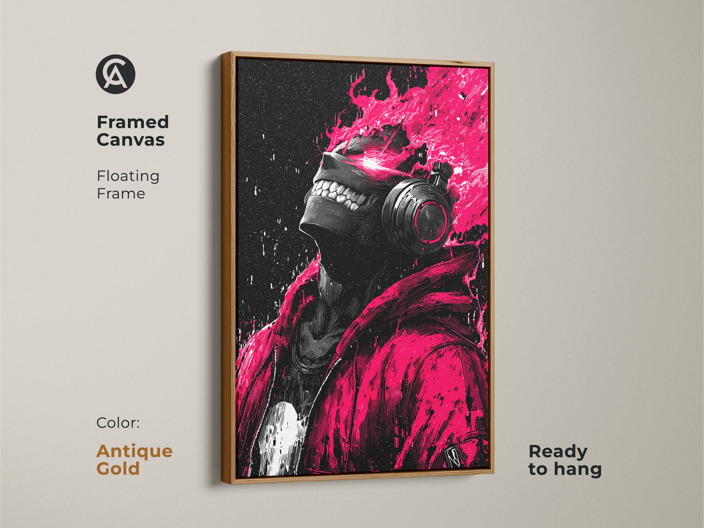 Framed canvas artwork with an antique gold floating frame is ready to hang. The artwork features a person in headphones with pink flames. The piece adds a contemporary touch to any room. Ideal for art collectors.