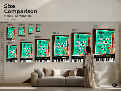 A size comparison showcases a teal orange pop art. See how the music guitar keyboard artwork fits with furniture. The vibrant colors and eclectic vibes will enhance your space. This music lover gift wall art is ideal for any studio or office space. Transform your walls today.