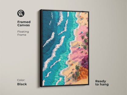 Framed canvas artwork in a black floating frame. The beach scene captures blue waves pink sand and tropical trees. Ready to hang this framed art adds coastal charm to any room.