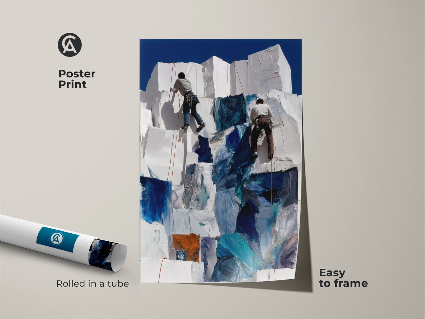 Poster print showcases abstract climbers artwork rolled in a tube. It is easy to frame. This modern outdoor abstract art uses teal blue tones. The abstract canvas provides motivational wall art.
