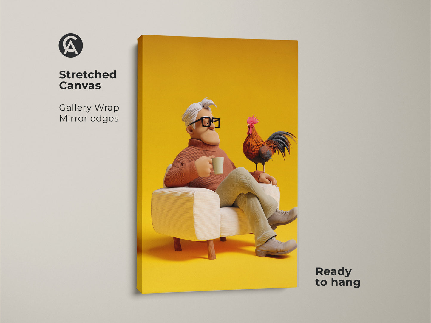 Stretched canvas art of a man with a rooster. This gallery-wrapped print features mirror edges. The quirky character art is ready to hang. Perfect eclectic living room art. This 3D render animal art adds charm to any space. Gift for bird lovers. Brighten your home office with this unique artwork.