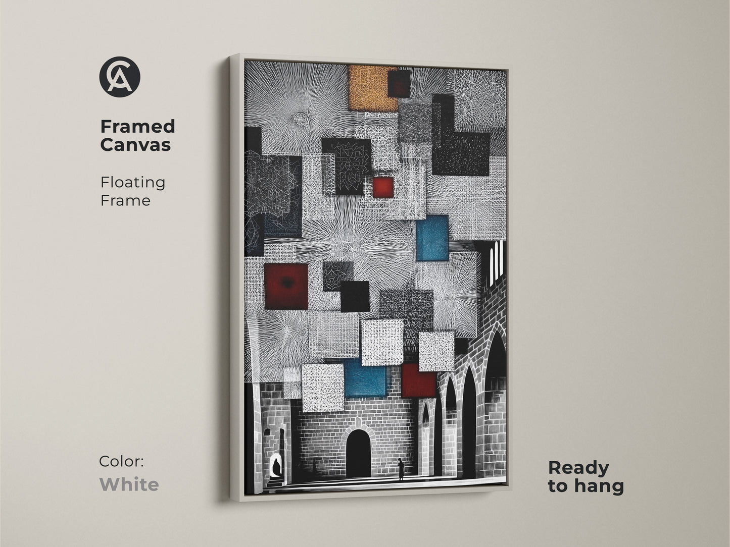 A white framed canvas displays geometric cityscape artwork. The floating frame enhances the black and white design. Accents of blue and red add a modern touch. Ready to hang for home or office.