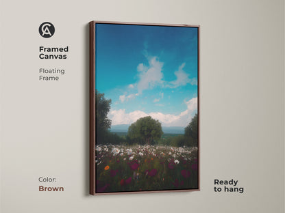 Framed canvas art in a floating frame displaying a wildflower scene. The mountain landscape artwork features a clear blue sky. This boho wall decor enhances your living space. This scenic print is ready to hang in a brown frame.