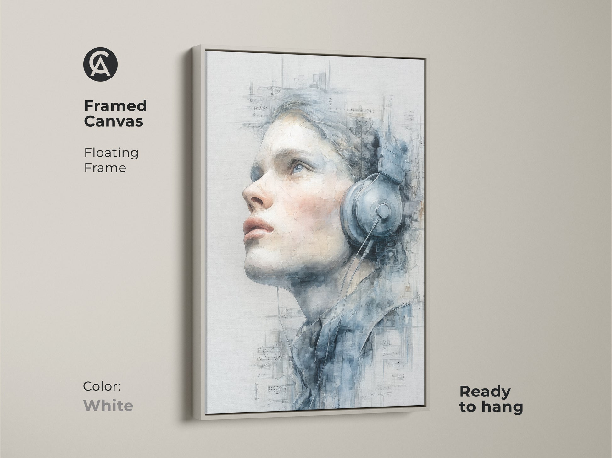 White framed canvas print of a woman wearing headphones. This floating frame offers a clean modern look. The canvas is ready to hang. Elevate your space with this stylish and musical art piece.