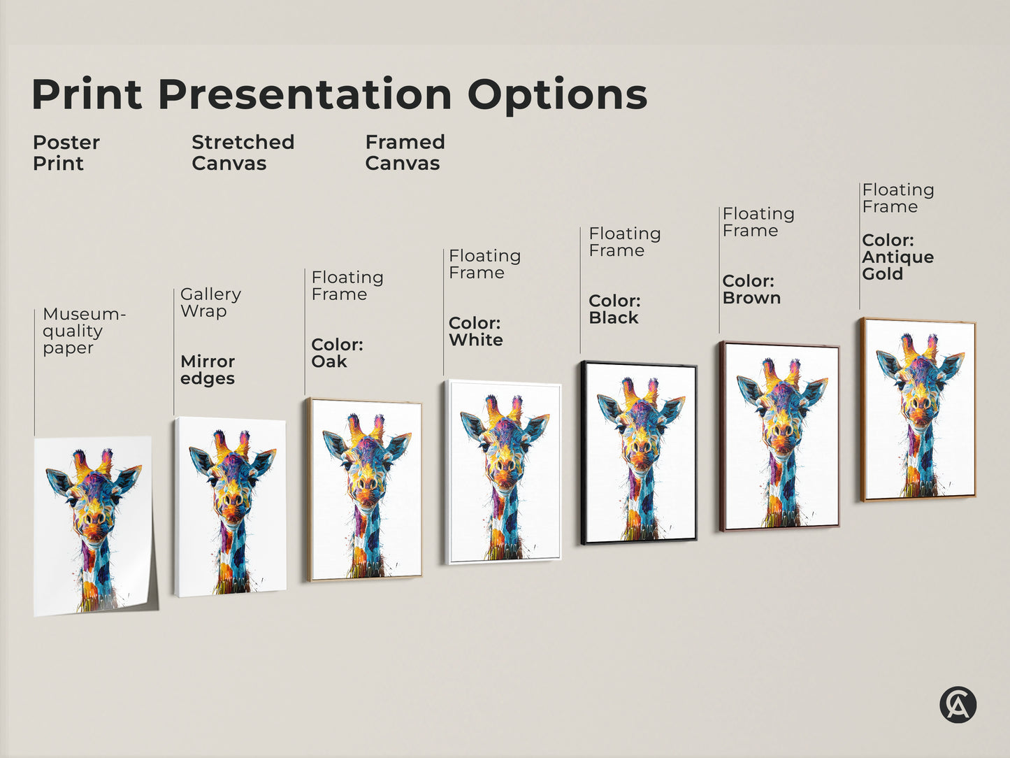Explore print options with this abstract giraffe artwork. Choose poster stretched or framed canvas. Each style showcases vibrant colors. Find the perfect piece for your space. It's an ideal eclectic wildlife art gift.