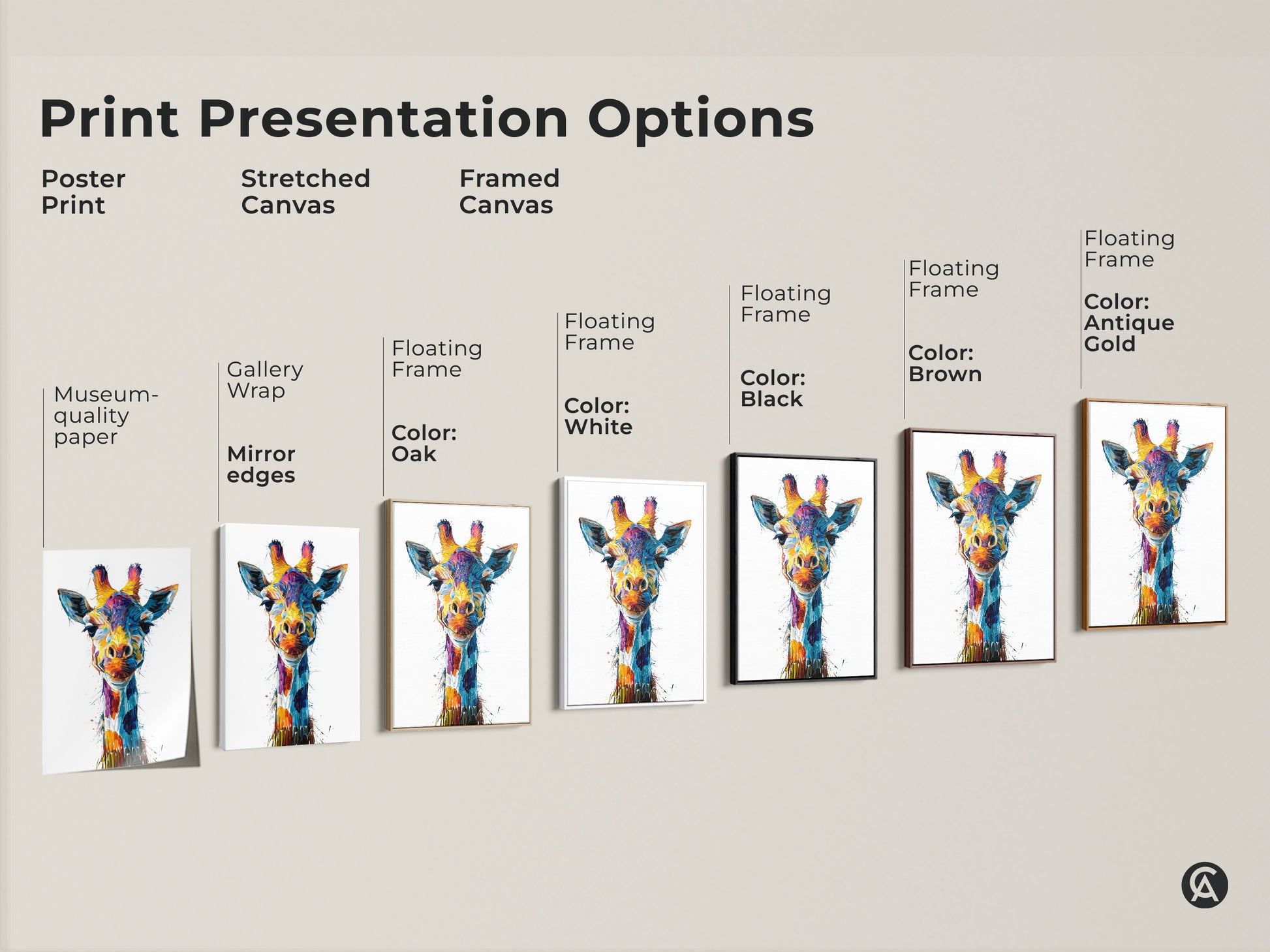 Explore print options with this abstract giraffe artwork. Choose poster stretched or framed canvas. Each style showcases vibrant colors. Find the perfect piece for your space. It's an ideal eclectic wildlife art gift.