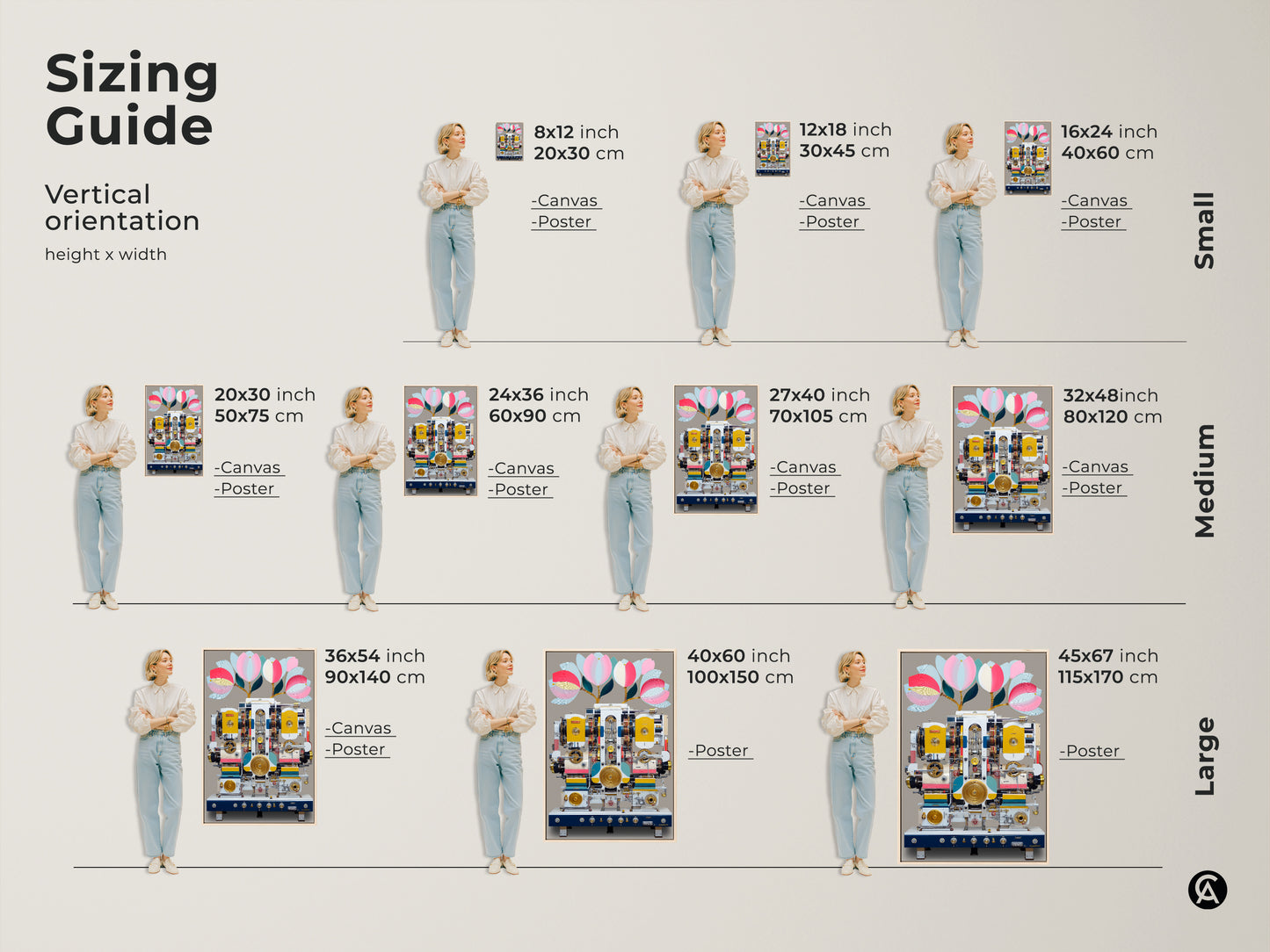 Sizing guide showcasing vertical orientation options. This guide helps visualize small medium and large surreal machine and floral art prints. Choose from canvas or poster formats. Find the perfect fit for your space with sizes ranging from 8x12 to 45x67 inches ensuring optimal display and impact.