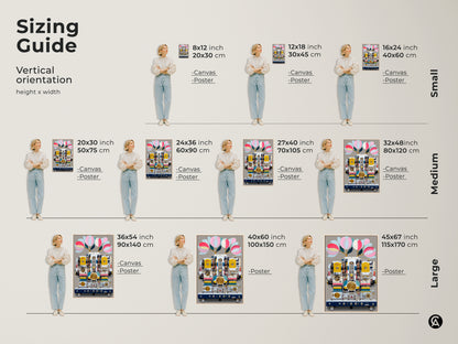 Sizing guide showcasing vertical orientation options. This guide helps visualize small medium and large surreal machine and floral art prints. Choose from canvas or poster formats. Find the perfect fit for your space with sizes ranging from 8x12 to 45x67 inches ensuring optimal display and impact.