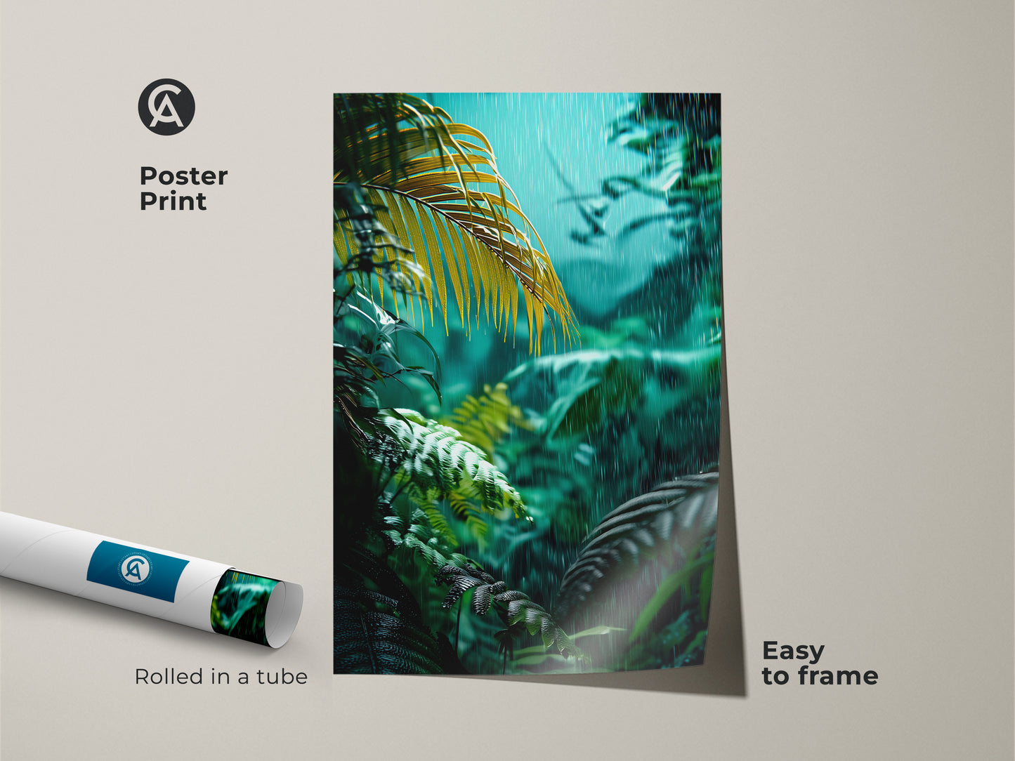 Easy to frame poster print of a green jungle scene. Showcasing teal rainforest artwork this botanical art is rolled in a tube for protection. The nature inspired canvas print features lush tropical leaves. Perfect housewarming gift for plant lovers.
