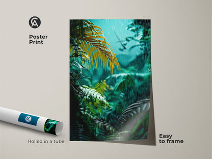 Easy to frame poster print of a green jungle scene. Showcasing teal rainforest artwork this botanical art is rolled in a tube for protection. The nature inspired canvas print features lush tropical leaves. Perfect housewarming gift for plant lovers.