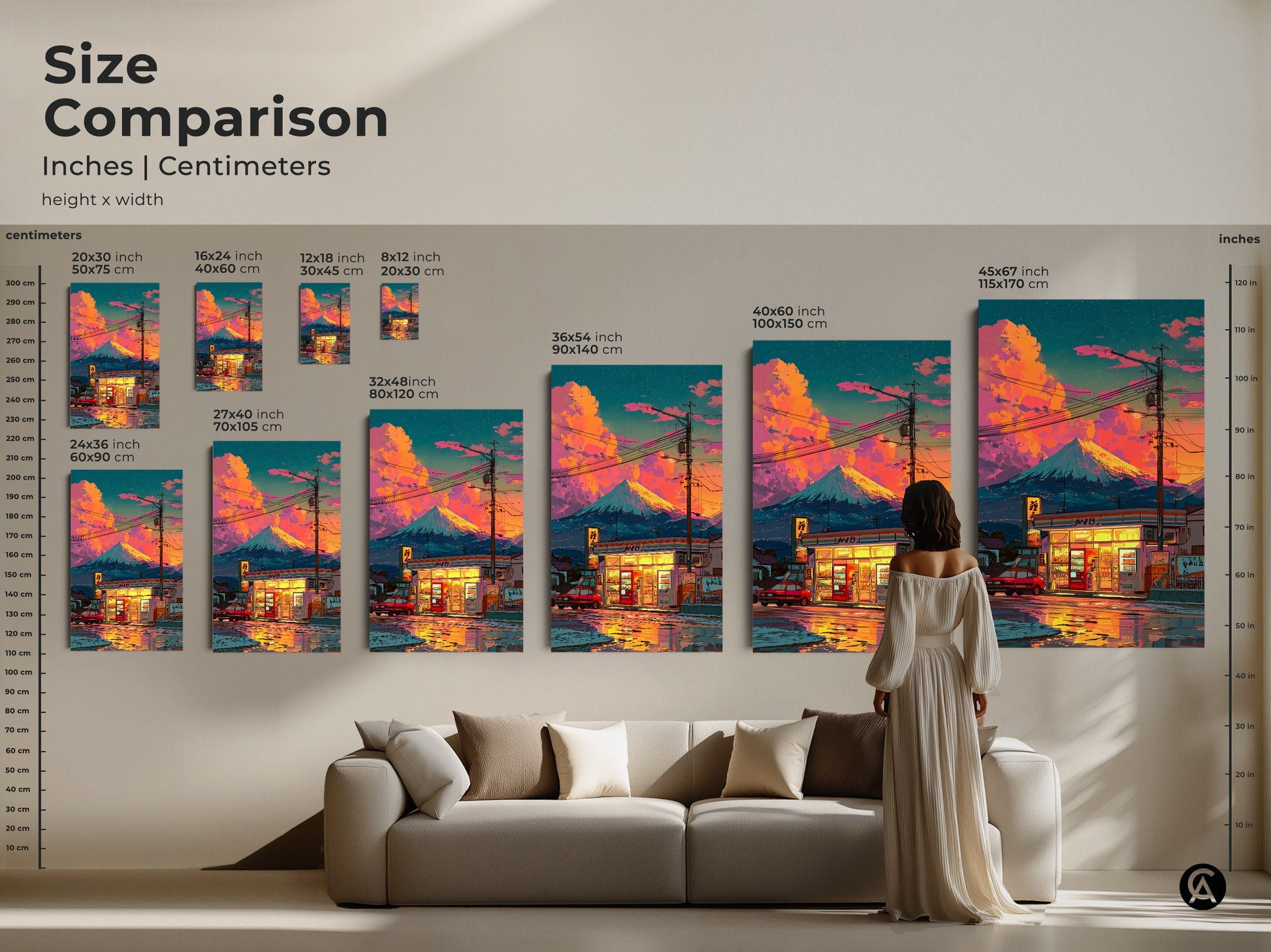 Size comparison of Mount Fuji convenience store artwork. See how different sizes fit in a living room setting. Choose from canvas or poster prints. Find the ideal size to enhance your space. Perfect art to bring Japanese culture to your home. A great conversation starter.