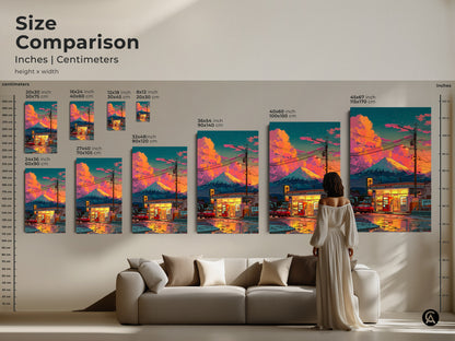 Size comparison of Mount Fuji convenience store artwork. See how different sizes fit in a living room setting. Choose from canvas or poster prints. Find the ideal size to enhance your space. Perfect art to bring Japanese culture to your home. A great conversation starter.