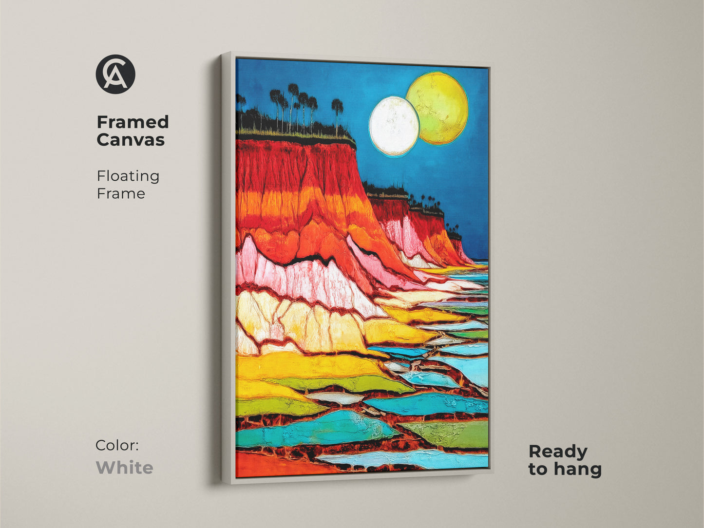 Framed abstract cliff art print displays a moon over a landscape canvas. Arrives ready to hang with a white floating frame. The crimson and azure colors add a cool tone. This nature abstract print makes for eclectic travel decor. Gift for any housewarming. The artwork enhances any space.
