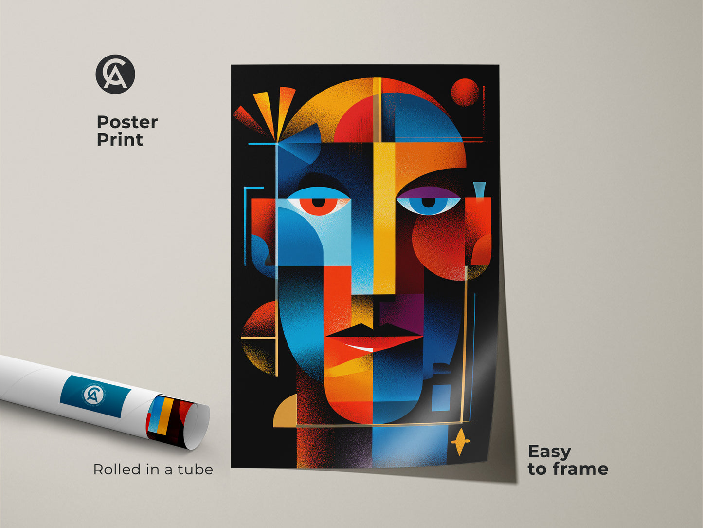 Poster print of a colorful abstract face. This geometric artwork is easy to frame. The art print is rolled in a tube for protection. A modern art piece perfect for any space.