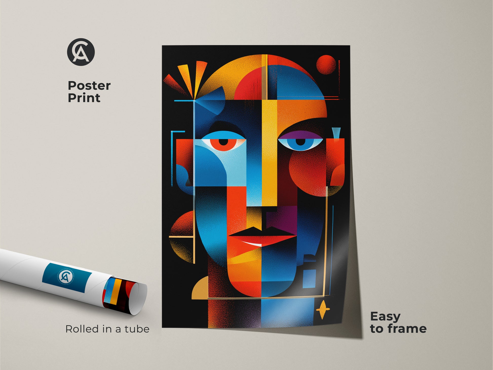 Poster print of a colorful abstract face. This geometric artwork is easy to frame. The art print is rolled in a tube for protection. A modern art piece perfect for any space.