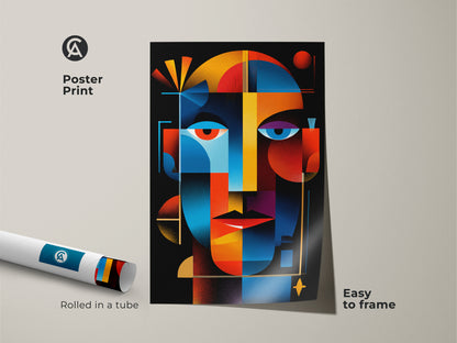 Poster print of a colorful abstract face. This geometric artwork is easy to frame. The art print is rolled in a tube for protection. A modern art piece perfect for any space.